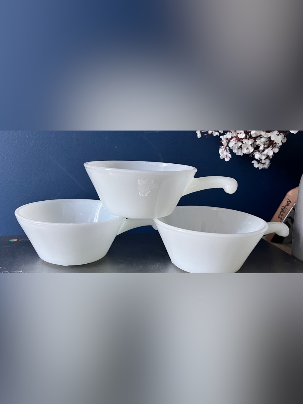 Vintage Fire-King White Milk Glass Handled Soup Bowls Set of 3 MCM Cottagecore